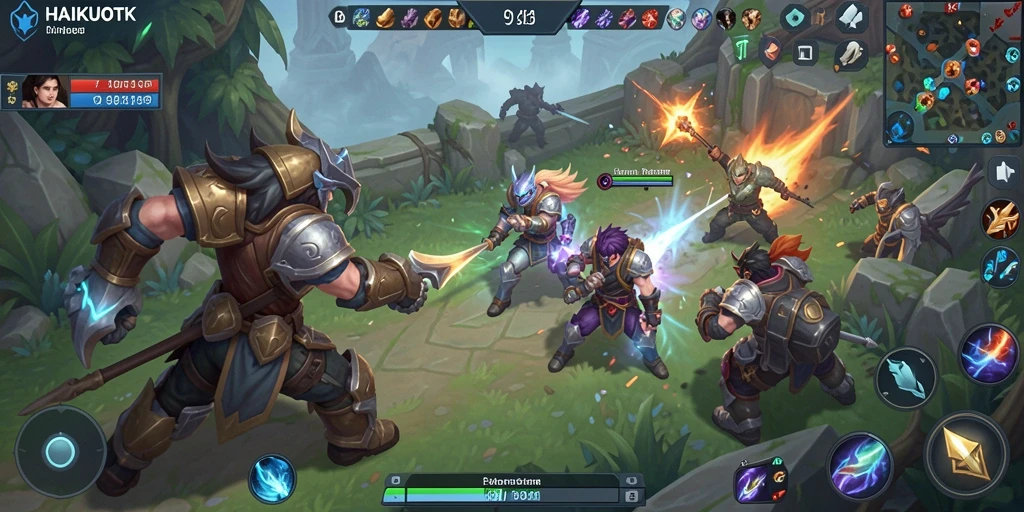 Screenshot HAIKUOTK menunjukkan aksi pertempuran intens dalam permainan MOBA.
